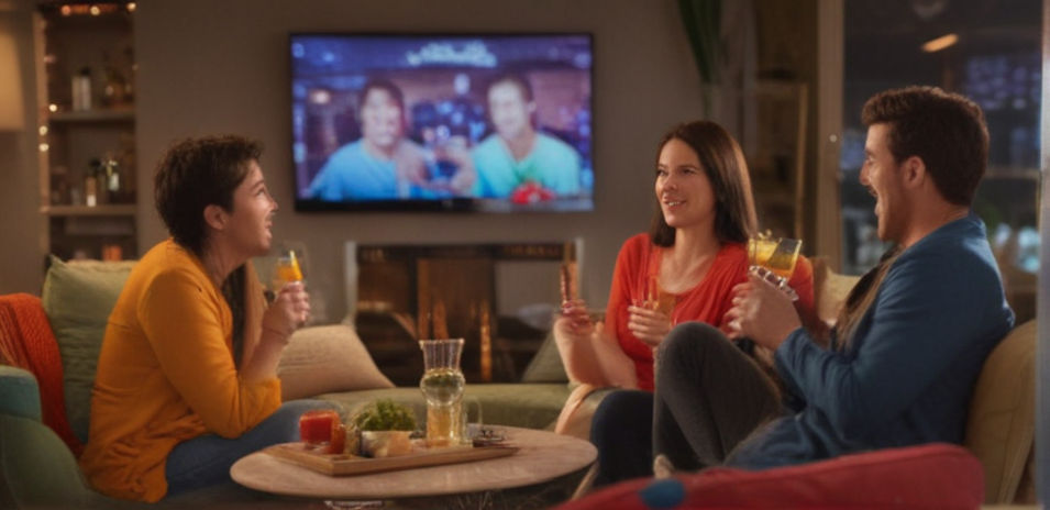 Friends gathered in a cozy living room, enjoying cocktails and watching TV.