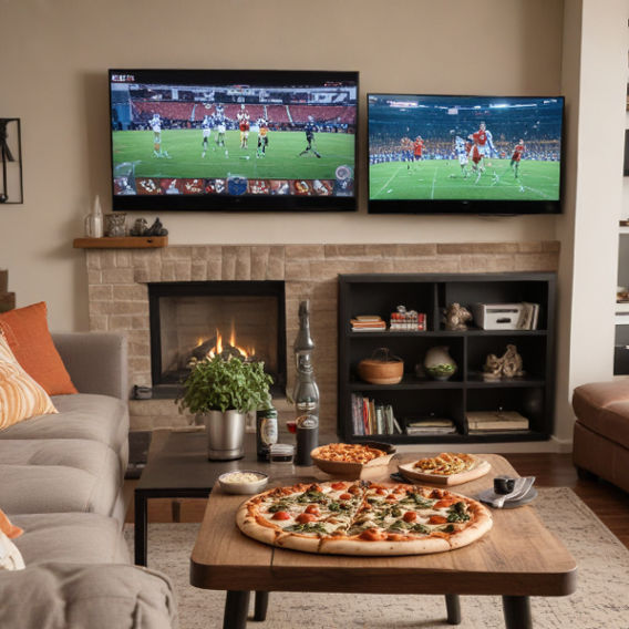 A cozy living room setup with pizza, beer, and a TV displaying a live sports broadcast.