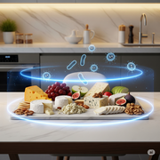 A plate displaying different kinds of cheese with a neon blue halo on top and neon blue-colored bacteria and viruses floating.