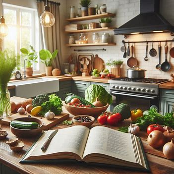 cozy kitchen with open recipe books