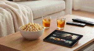 A center table with a bowl of popcorn, two glasses of drinks, and a tablet showing movies for streaming
