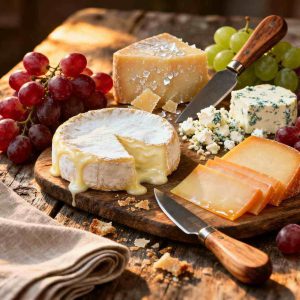 Assorted international cheeses including brie, parmesan, feta, and gouda arranged on wooden table, cheese knives and grapes, rustic gourmet presentation with warm lighting.