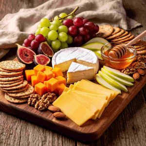 Beautiful artisan cheese board with brie, cheddar, gouda, fresh fruits, nuts, crackers, honey dip, wooden serving board, rustic table setting, warm natural lighting, gourmet food.