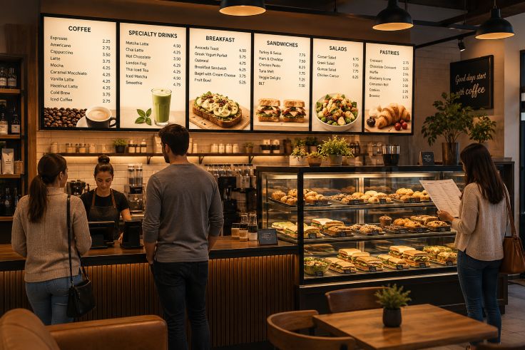Modern cafe interior with illuminated menu boards