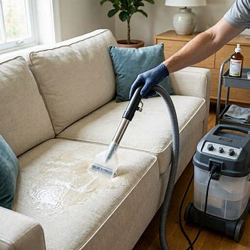 Professional upholstery cleaning equipment in action on a sofa