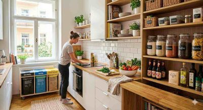 A bright and modern Vienna apartment kitchen undergoing organization, neatly arranged pantry shelves, sustainable recycling bins, clean countertops, fresh food ingredients, professional household clearance concept