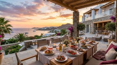 A luxurious Mediterranean villa with an elegant outdoor dining terrace overlooking palm trees and the sea, beautifully prepared gourmet European cuisine on the table