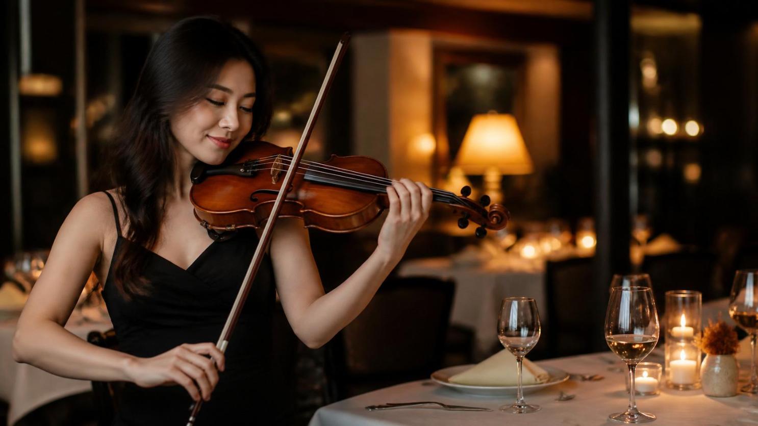 Violinist performs beside candlelit restaurant table, creating a warm optimistic dining atmosphere.