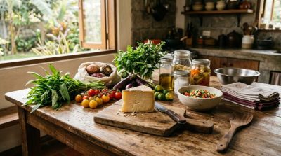A rustic food preparation scene featuring fresh locally sourced ingredients, artisan cheese, vegetables, reusable containers, and a wooden kitchen table